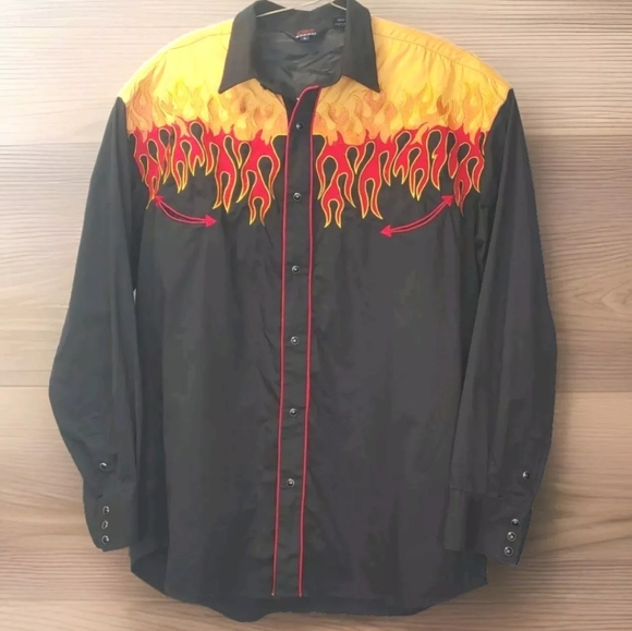 Roper Rockabilly Pearl Snap Shirt Men XL Embroidered Patch Flames Smiley Pockets - Picture 3 of 10